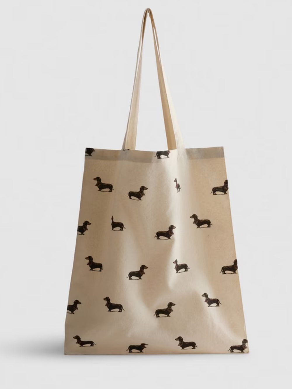 Iconic Soft Canvas Dachshund Print Tote Bag in Cream and Brown